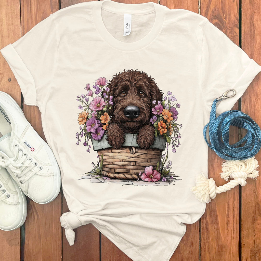 Chocolate Doodle Floral Basket T-Shirt in Natural / M by Puppy Jo