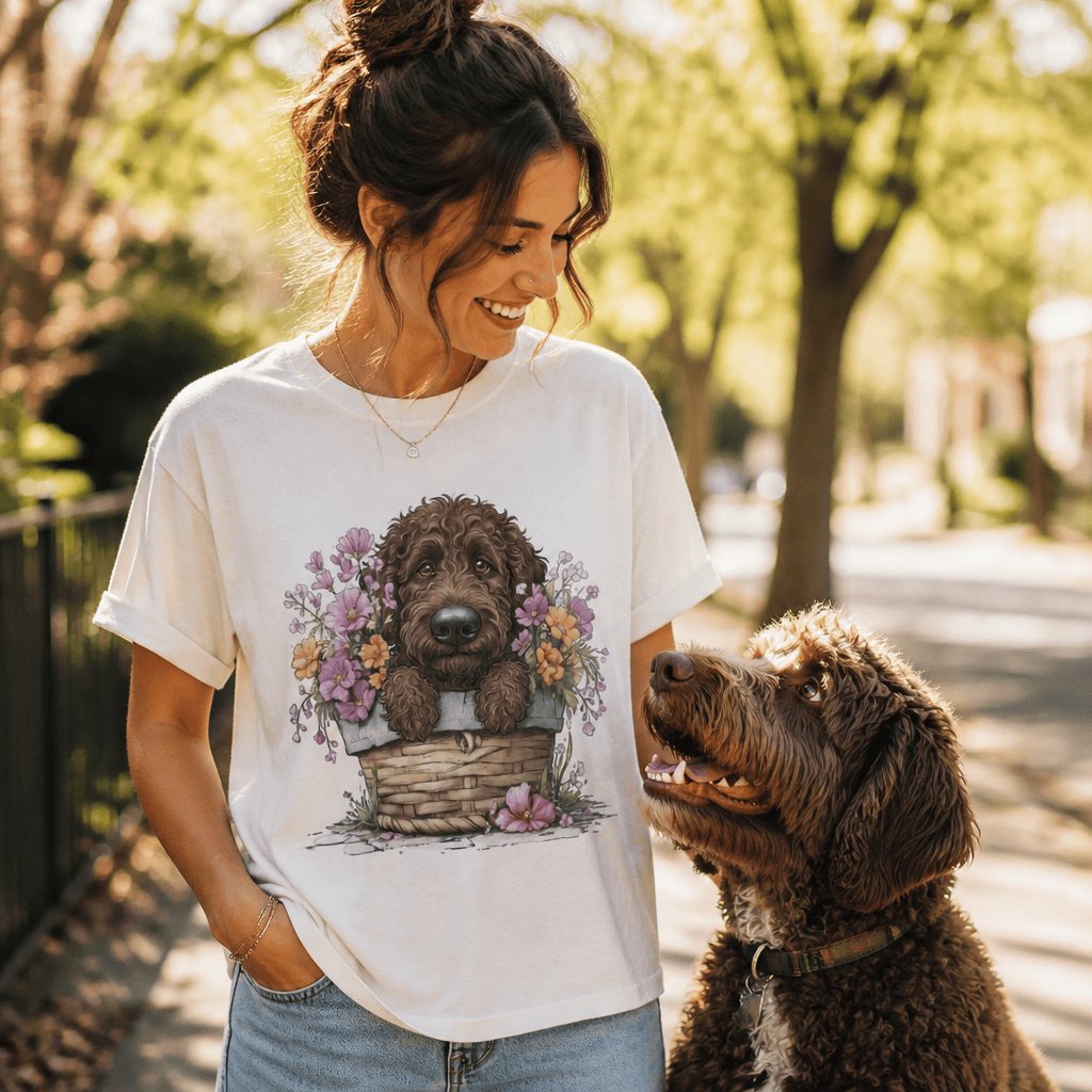 Chocolate Doodle Floral Basket T-Shirt in by Puppy Jo