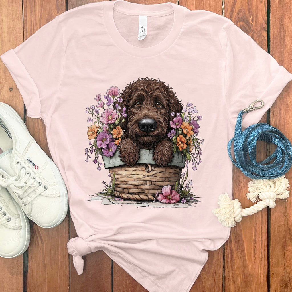 Chocolate Doodle Floral Basket T-Shirt in Soft Pink / M by Puppy Jo