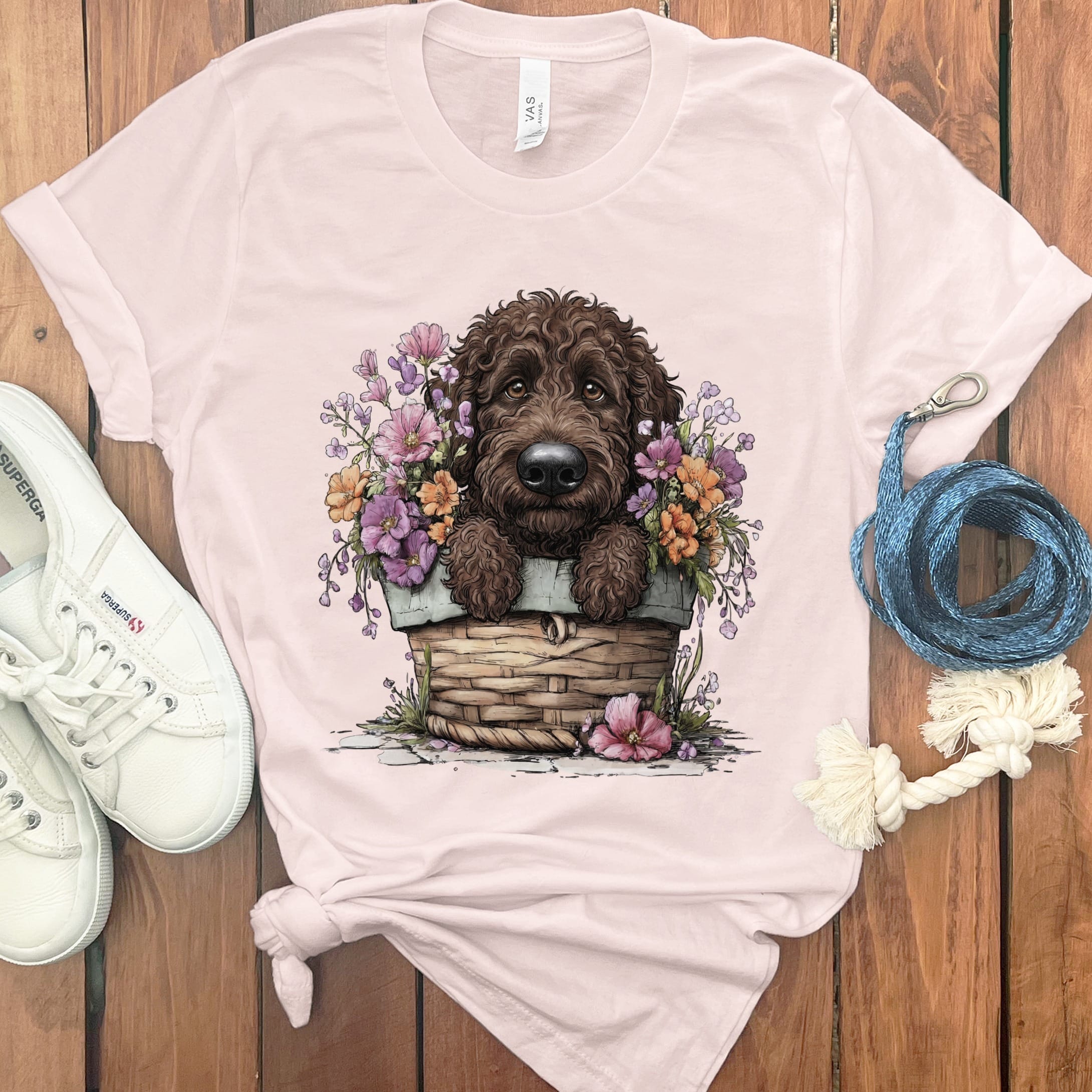 Chocolate Doodle Floral Basket T-Shirt in Soft Pink / M by Puppy Jo
