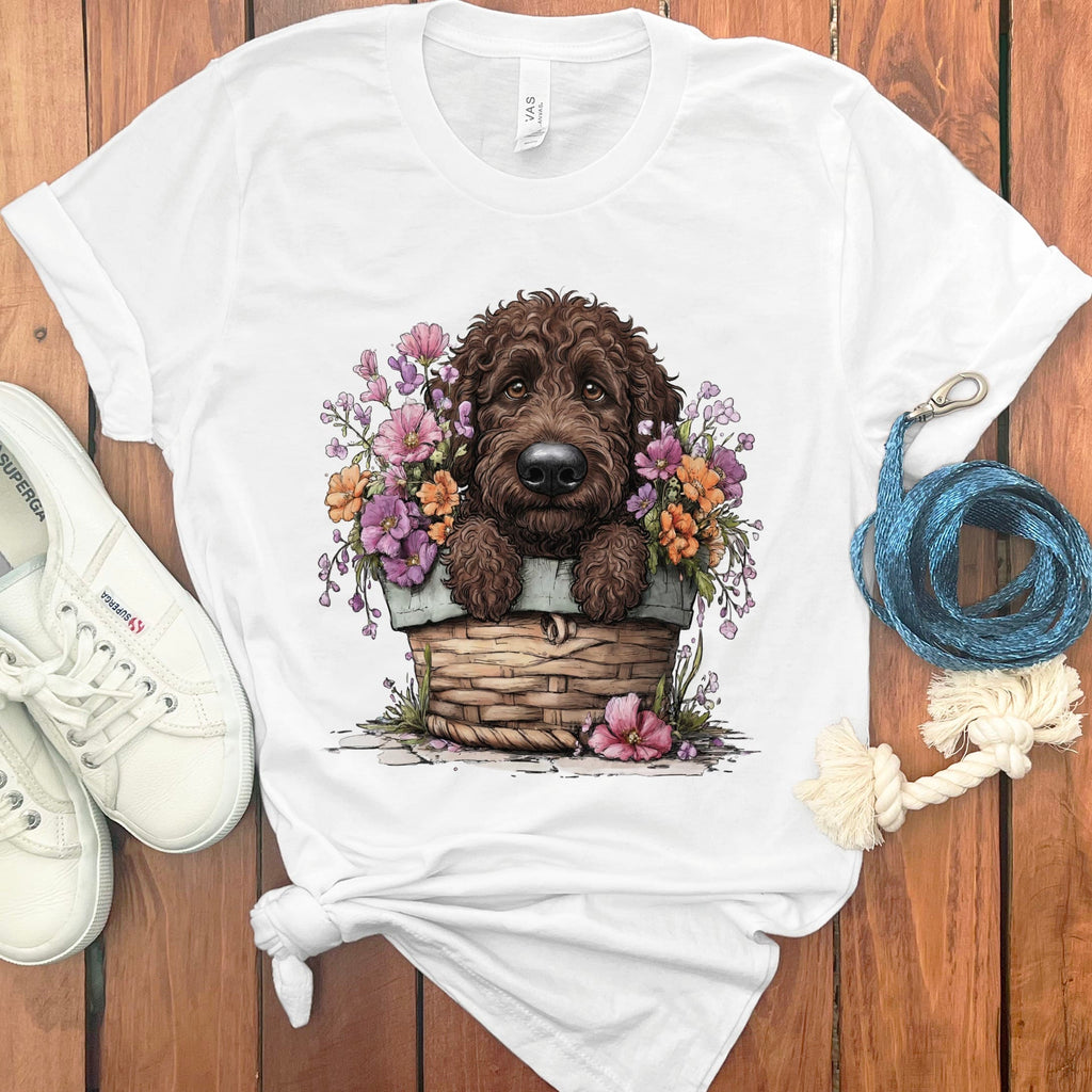 Chocolate Doodle Floral Basket T-Shirt in White / M by Puppy Jo