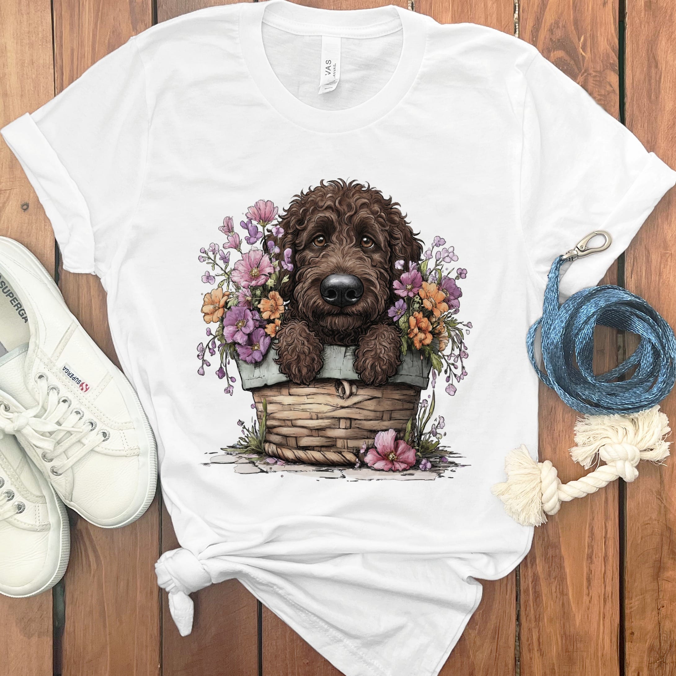 Chocolate Doodle Floral Basket T-Shirt in White / M by Puppy Jo