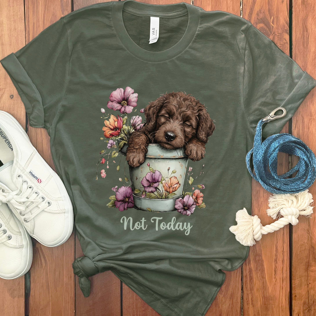 Chocolate Doodle Flower Pot T-Shirt in Military Green / S by Puppy Jo