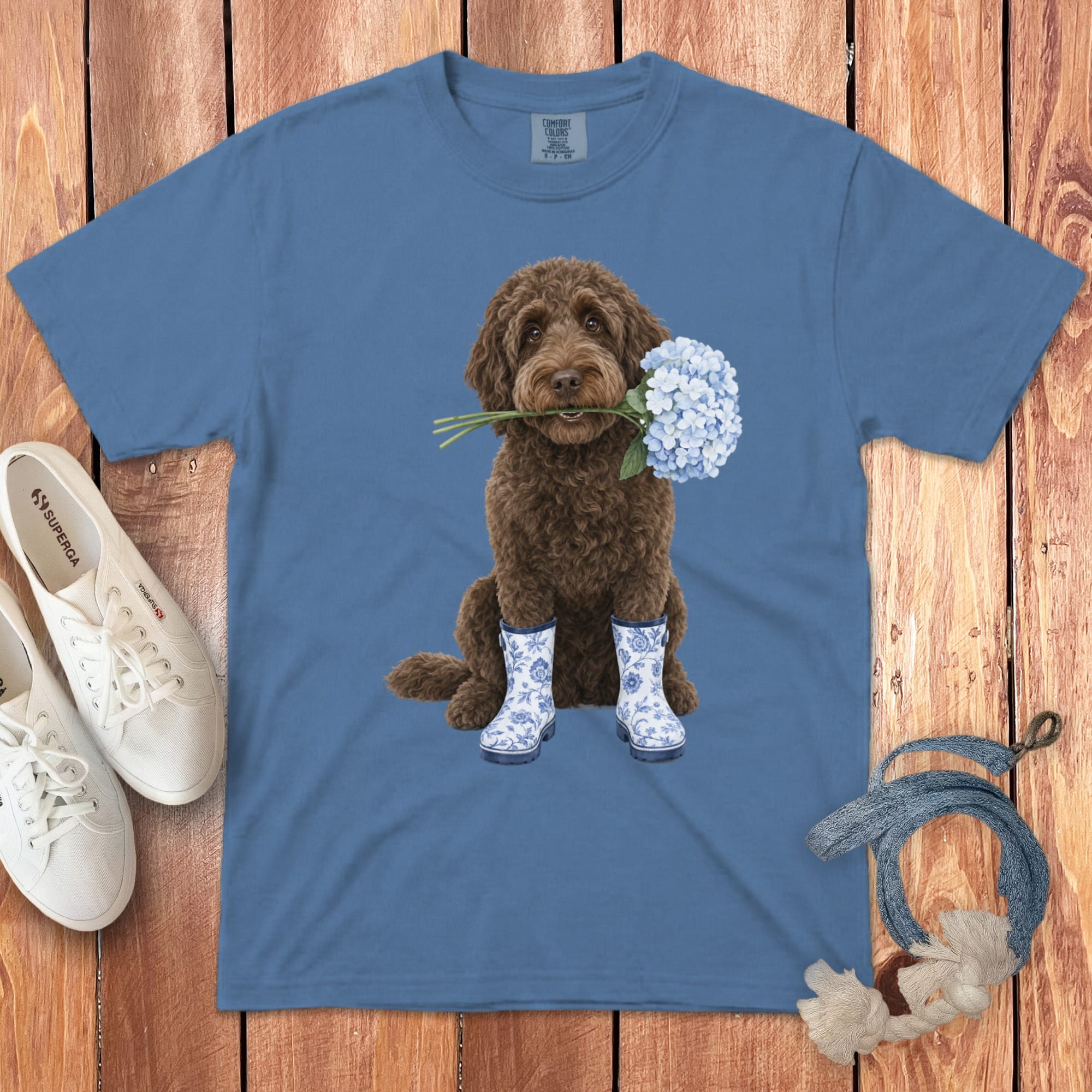Chocolate Doodle Hydrangea Signature T-Shirt in Blue Jean / S by Puppy Jo