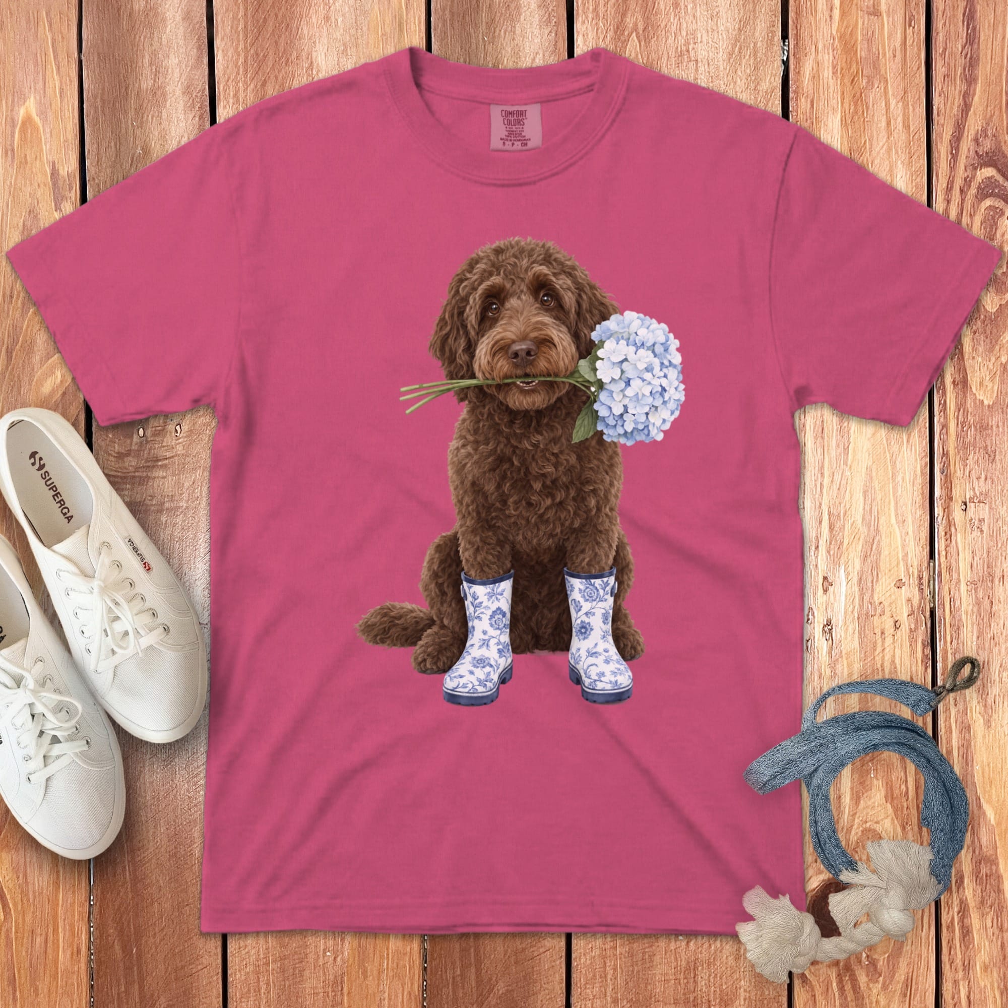 Chocolate Doodle Hydrangea Signature T-Shirt in Crunchberry / S by Puppy Jo
