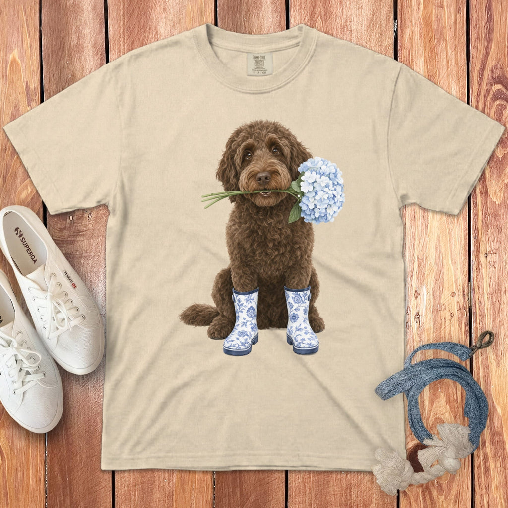 Chocolate Doodle Hydrangea Signature T-Shirt in Ivory / S by Puppy Jo