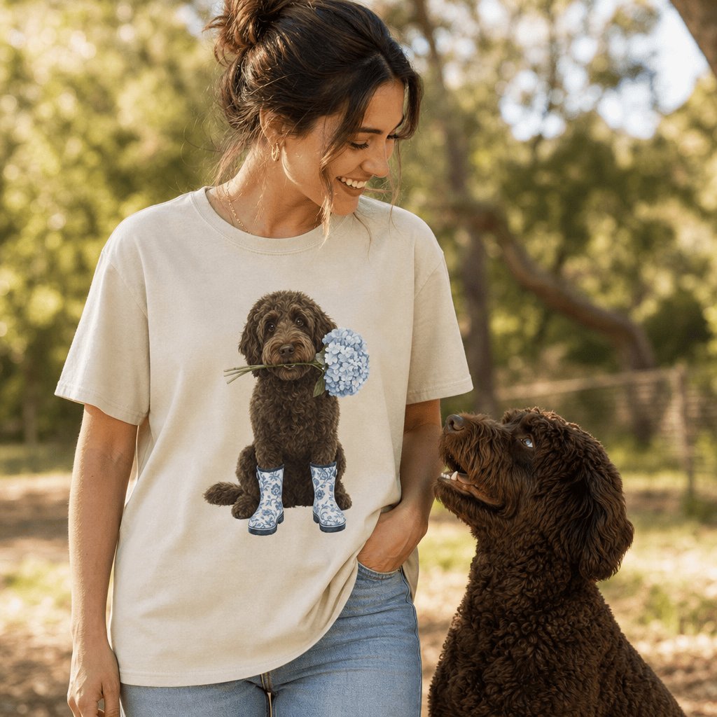 Chocolate Doodle Hydrangea Signature T-Shirt in by Puppy Jo