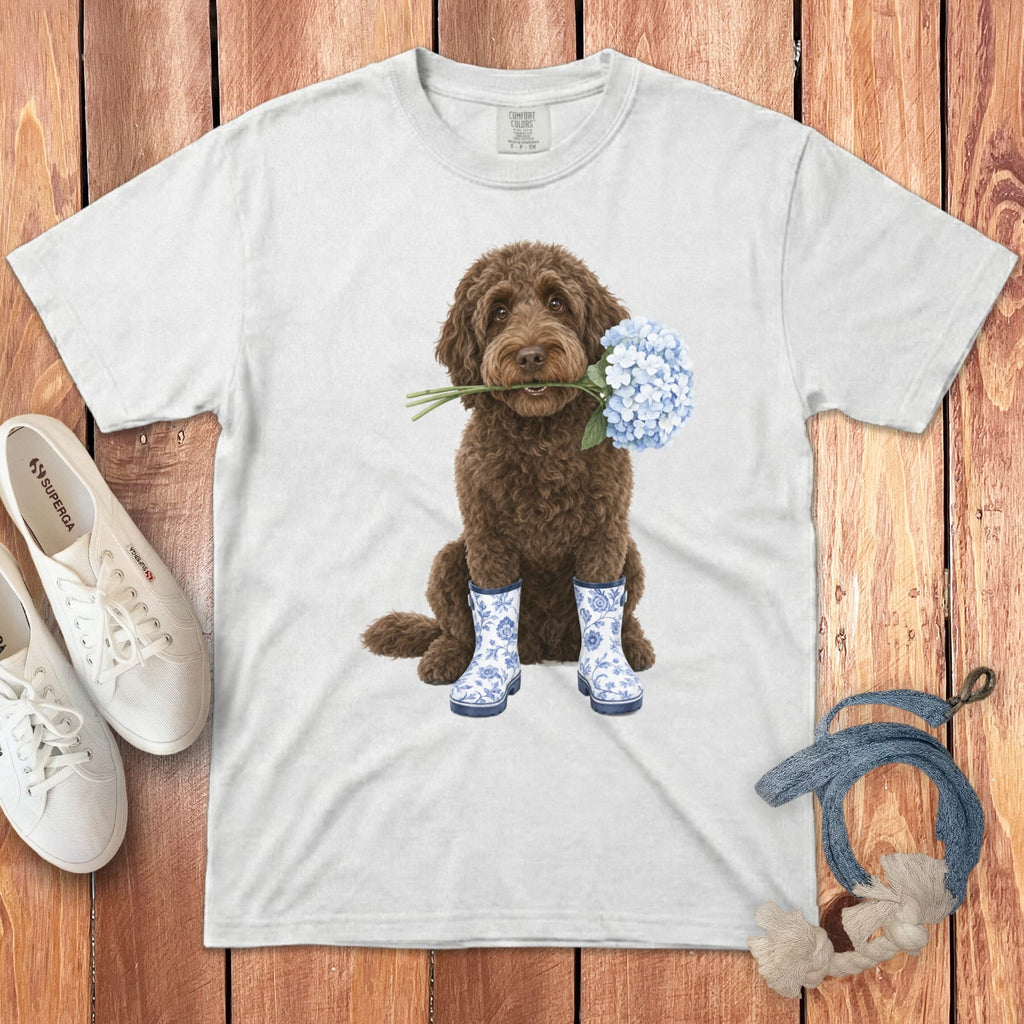 Chocolate Doodle Hydrangea Signature T-Shirt in White / S by Puppy Jo