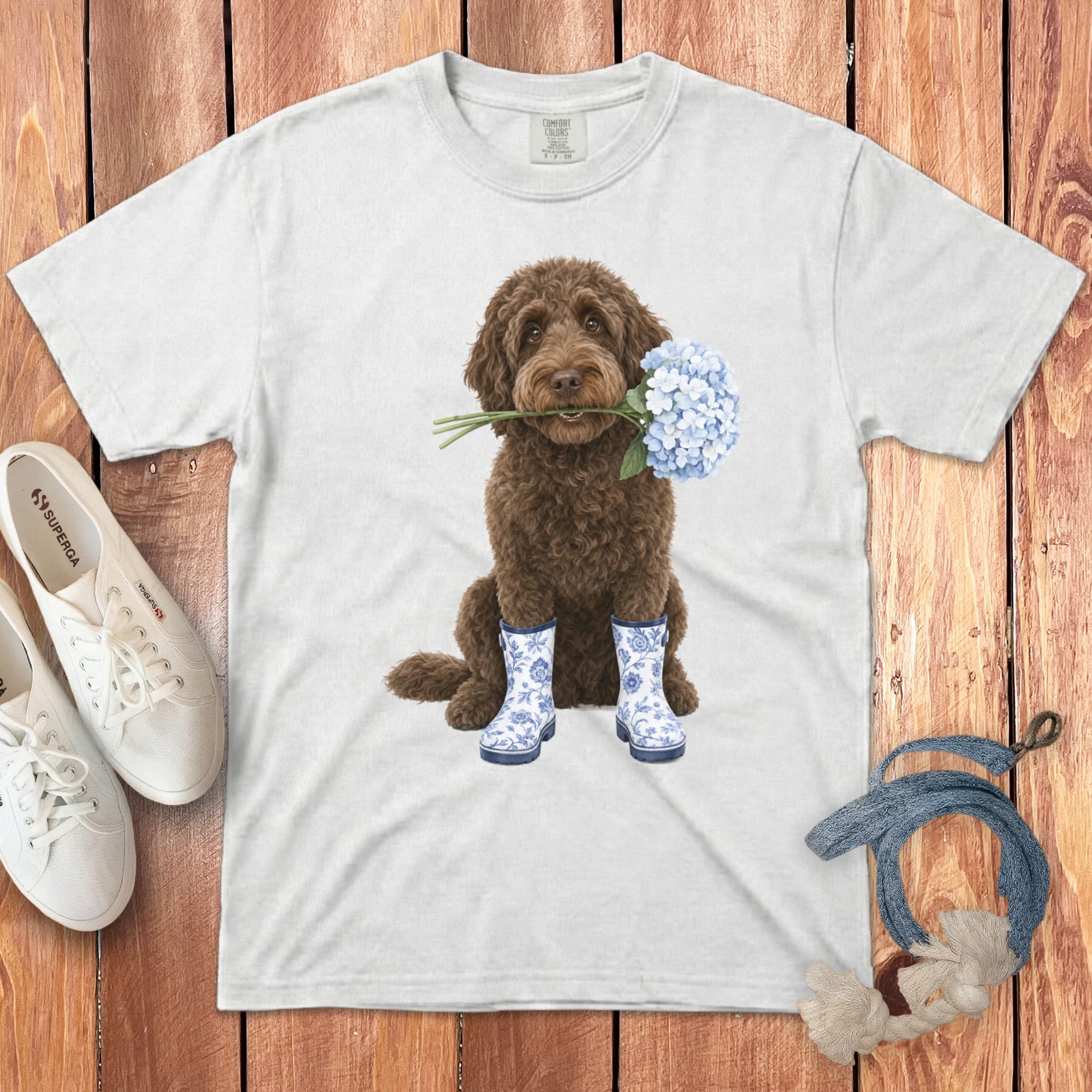 Chocolate Doodle Hydrangea Signature T-Shirt in White / S by Puppy Jo