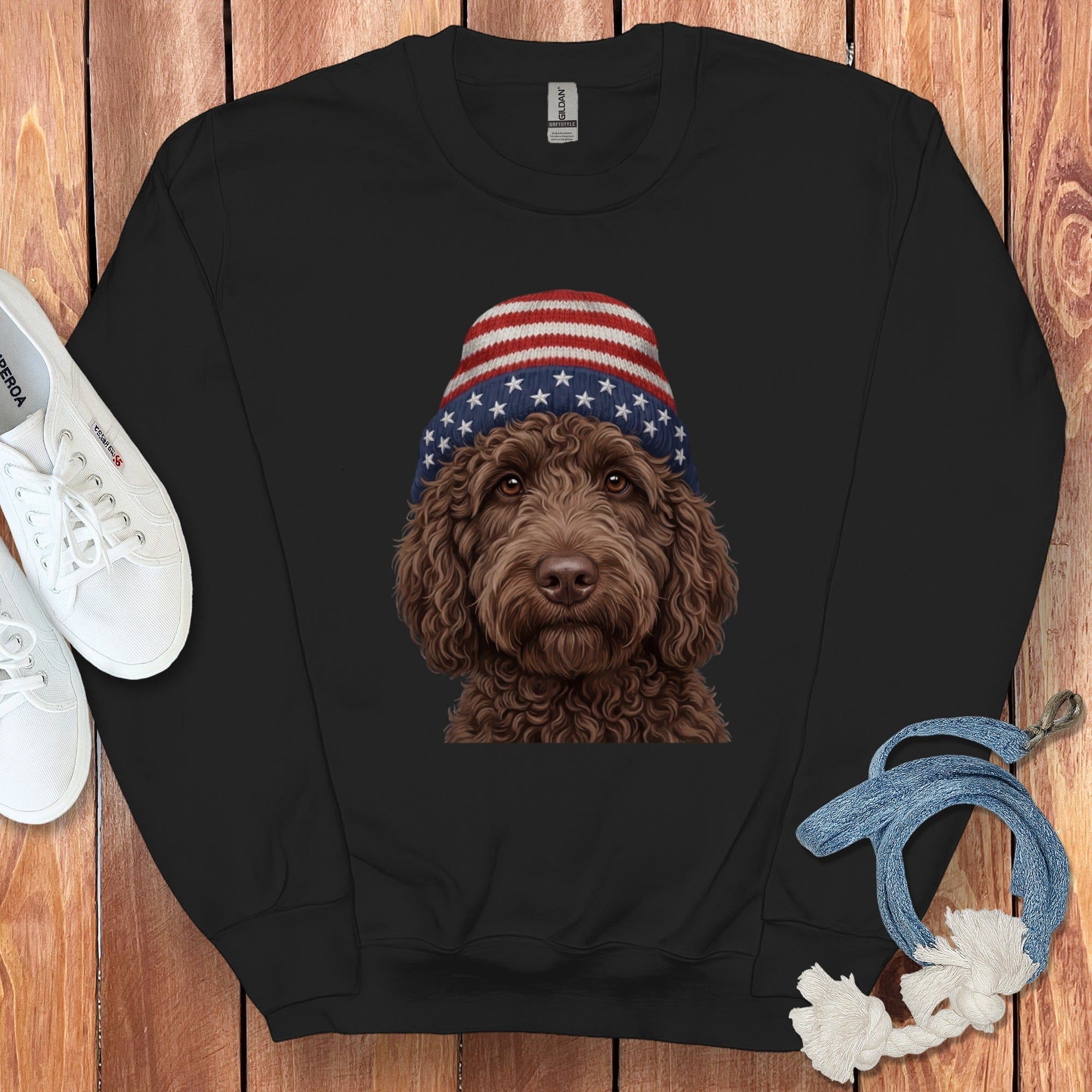 Chocolate Doodle Patriotic Cap Sweatshirt in Black / M / Sweatshirts #1 by Puppy Jo