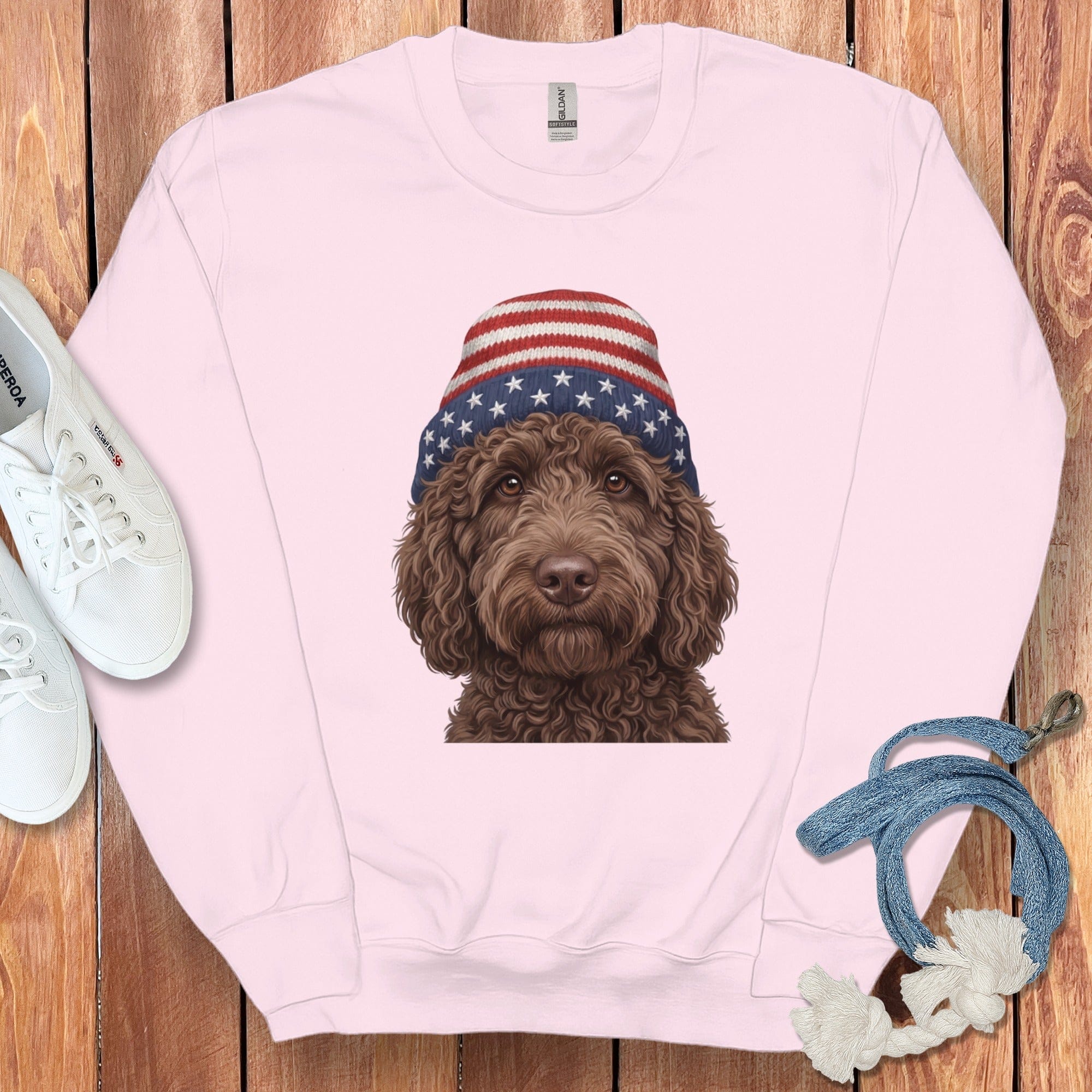 Chocolate Doodle Patriotic Cap Sweatshirt in Light Pink / M / Sweatshirts by Puppy Jo
