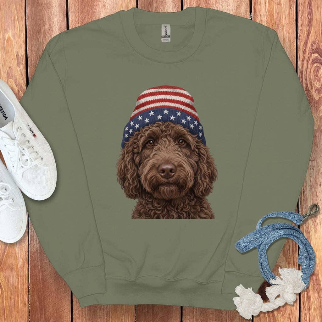 Chocolate Doodle Patriotic Cap Sweatshirt in Military Green / M / Sweatshirts #1 by Puppy Jo