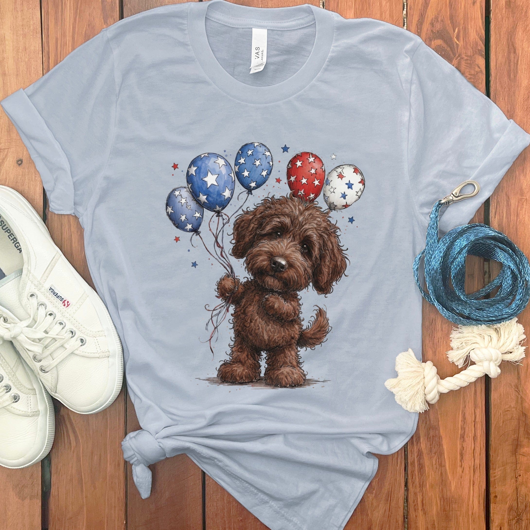 Chocolate Doodle Patriotic T-Shirt in Light Blue / S by Puppy Jo