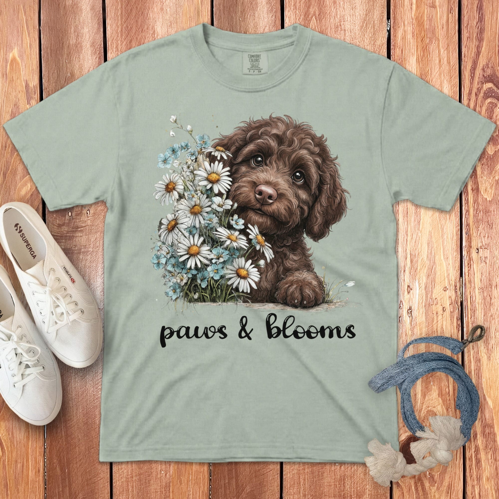 Chocolate Doodle Paws Blooms Signature T-Shirt in Bay / S by Puppy Jo