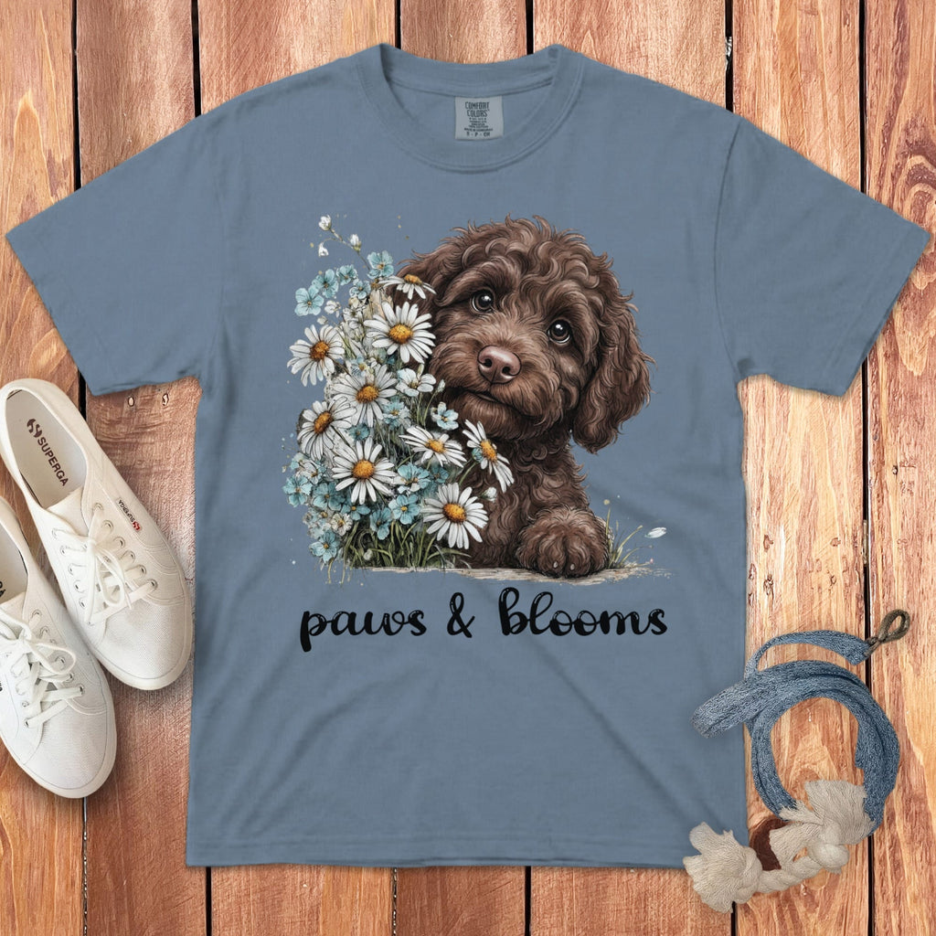 Chocolate Doodle Paws Blooms Signature T-Shirt in Blue Jean / S by Puppy Jo
