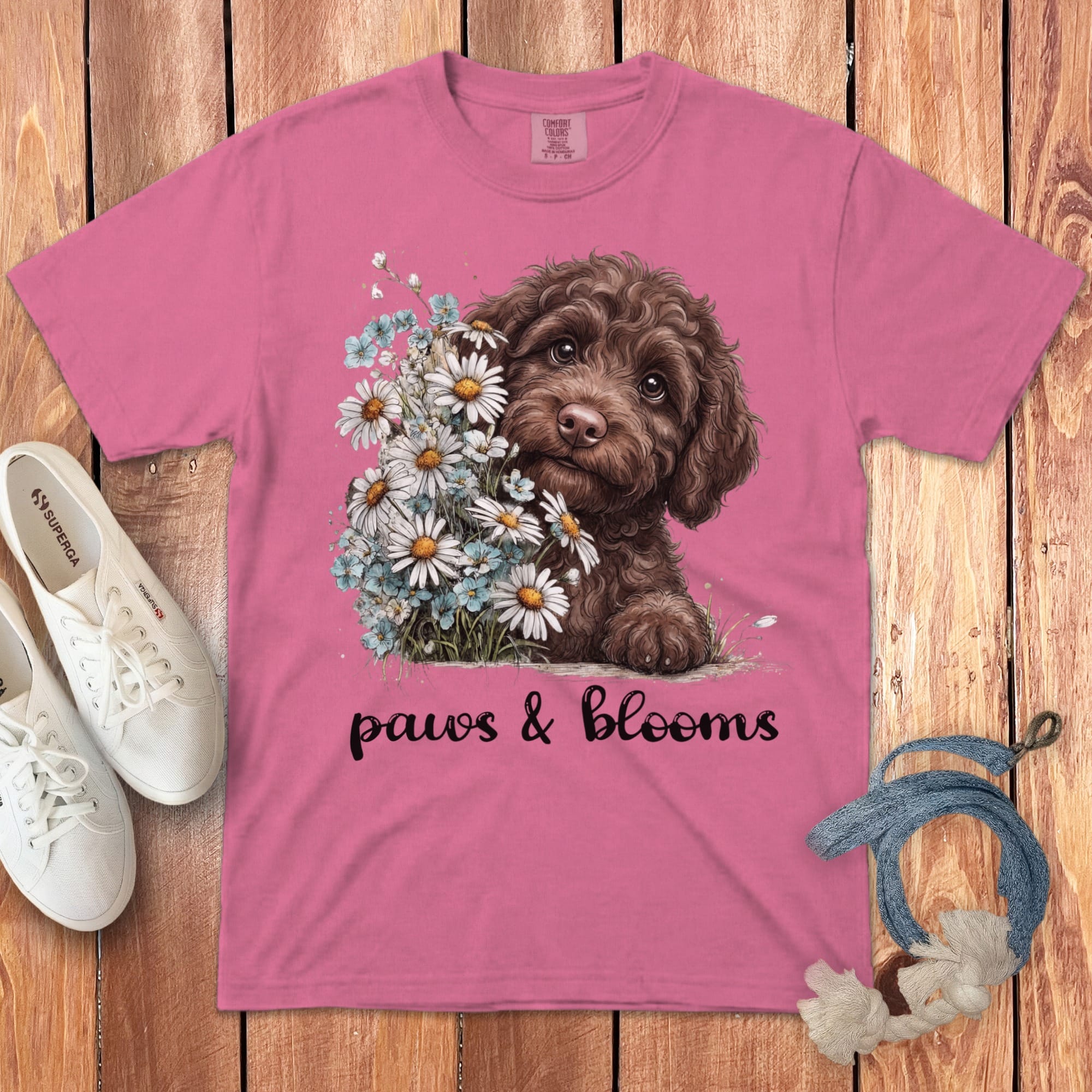 Chocolate Doodle Paws Blooms Signature T-Shirt in Crunchberry / S by Puppy Jo