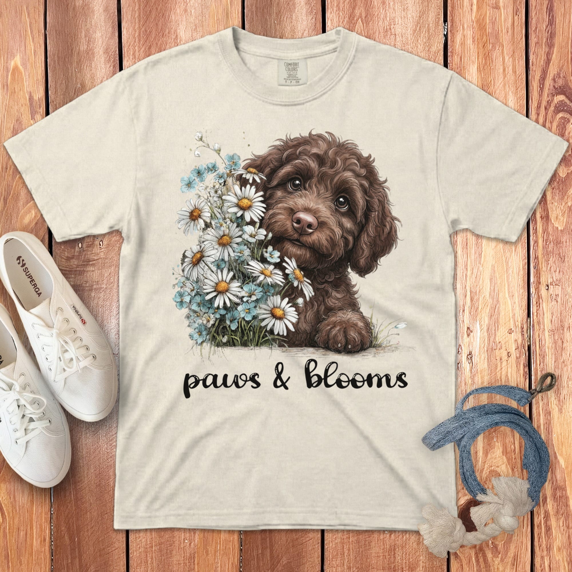 Chocolate Doodle Paws Blooms Signature T-Shirt in Ivory / S by Puppy Jo