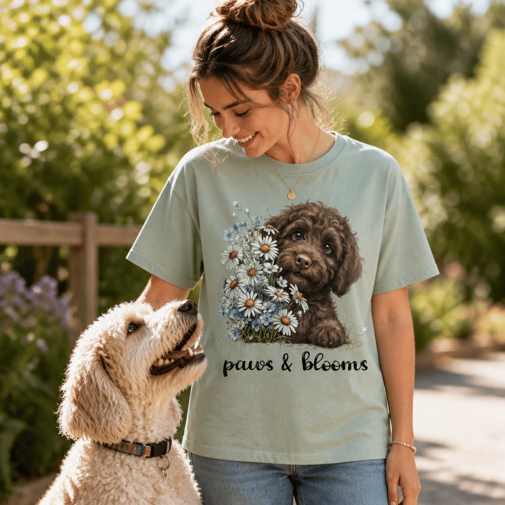 Chocolate Doodle Paws Blooms Signature T-Shirt in by Puppy Jo
