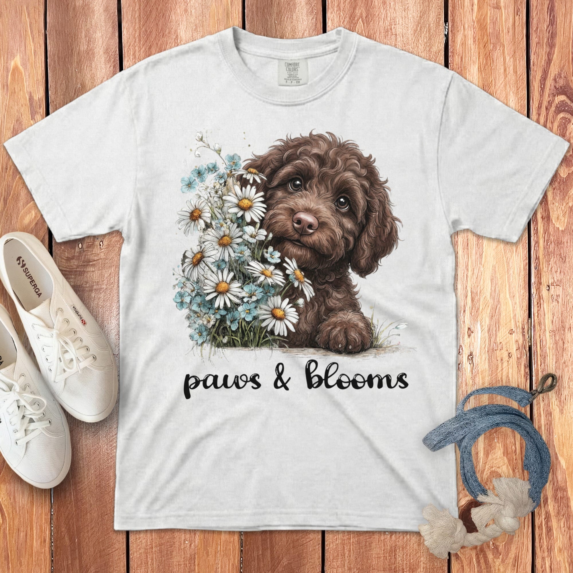 Chocolate Doodle Paws Blooms Signature T-Shirt in White / S by Puppy Jo