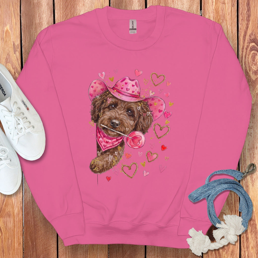 Chocolate Doodle Valentine Cowboy Sweatshirt in Heliconia / S by Puppy Jo