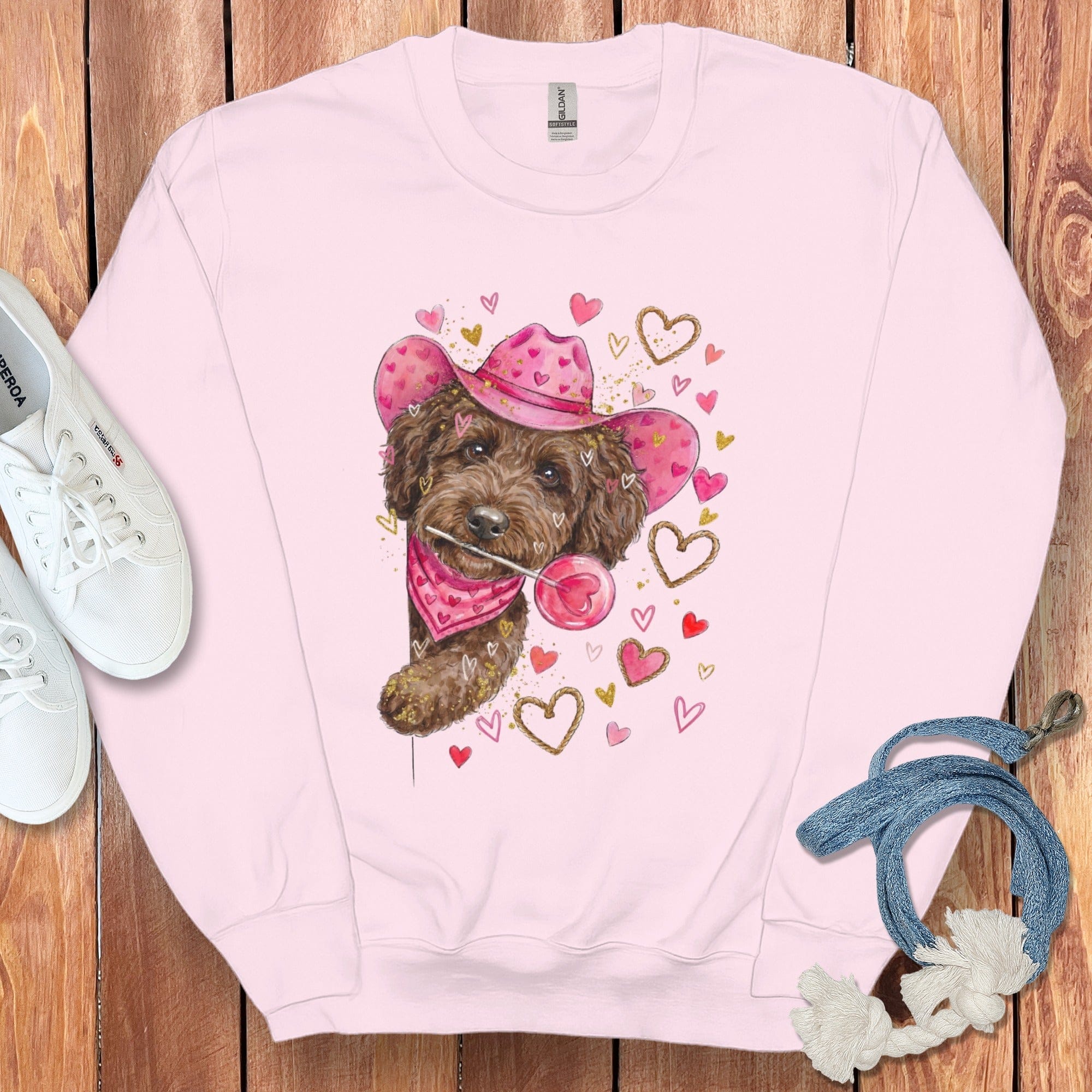 Chocolate Doodle Valentine Cowboy Sweatshirt in Light Pink / S by Puppy Jo