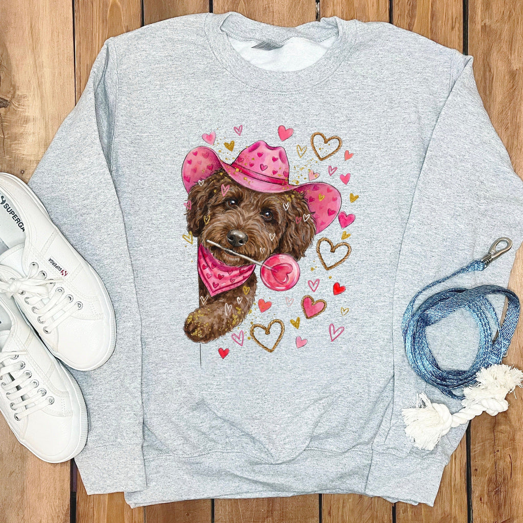 Chocolate Doodle Valentine Cowboy Sweatshirt in Sport Grey / S by Puppy Jo