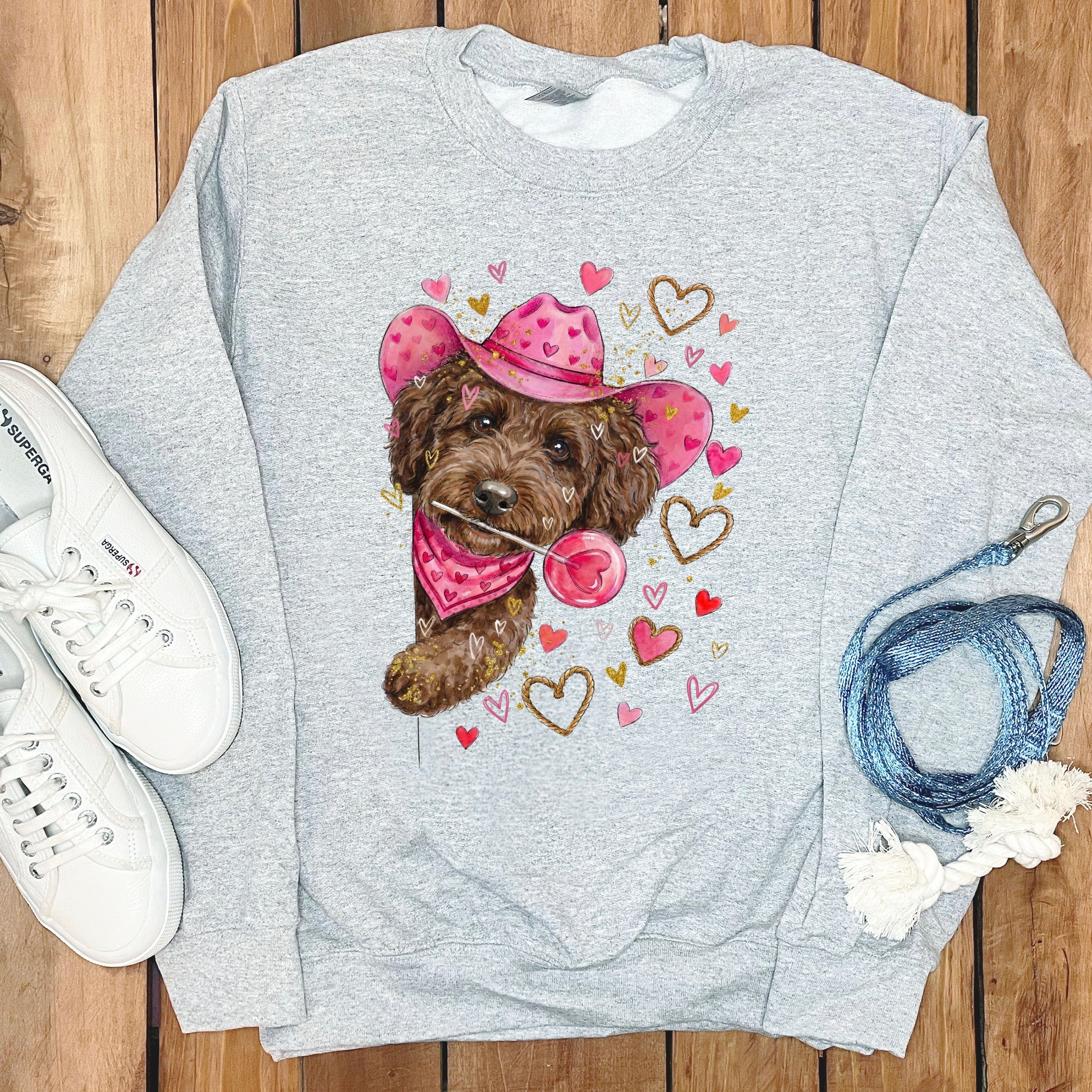 Chocolate Doodle Valentine Cowboy Sweatshirt in Sport Grey / S by Puppy Jo