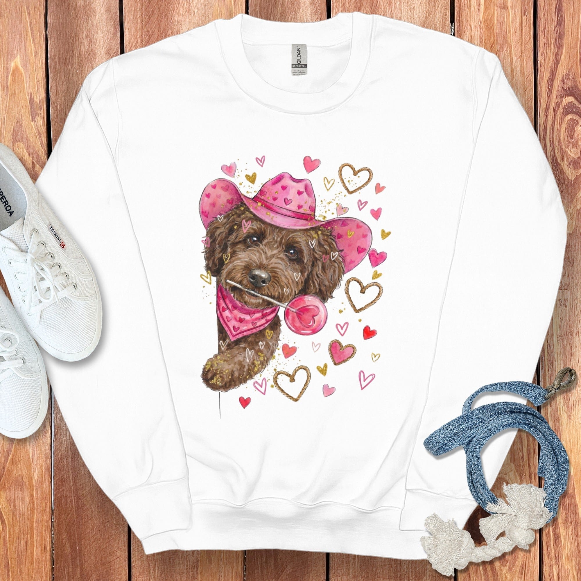Chocolate Doodle Valentine Cowboy Sweatshirt in White / S by Puppy Jo