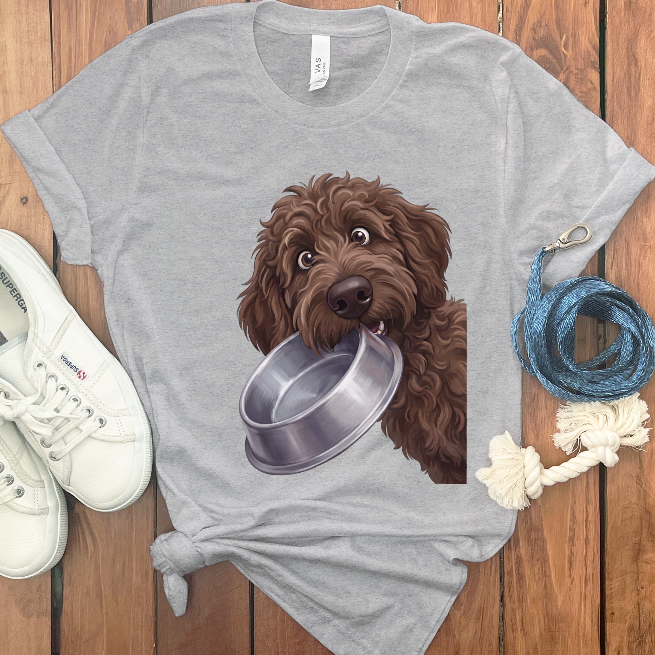 Chocolate Goldendoodle Bowl T-Shirt in Athletic Heather / S by Puppy Jo