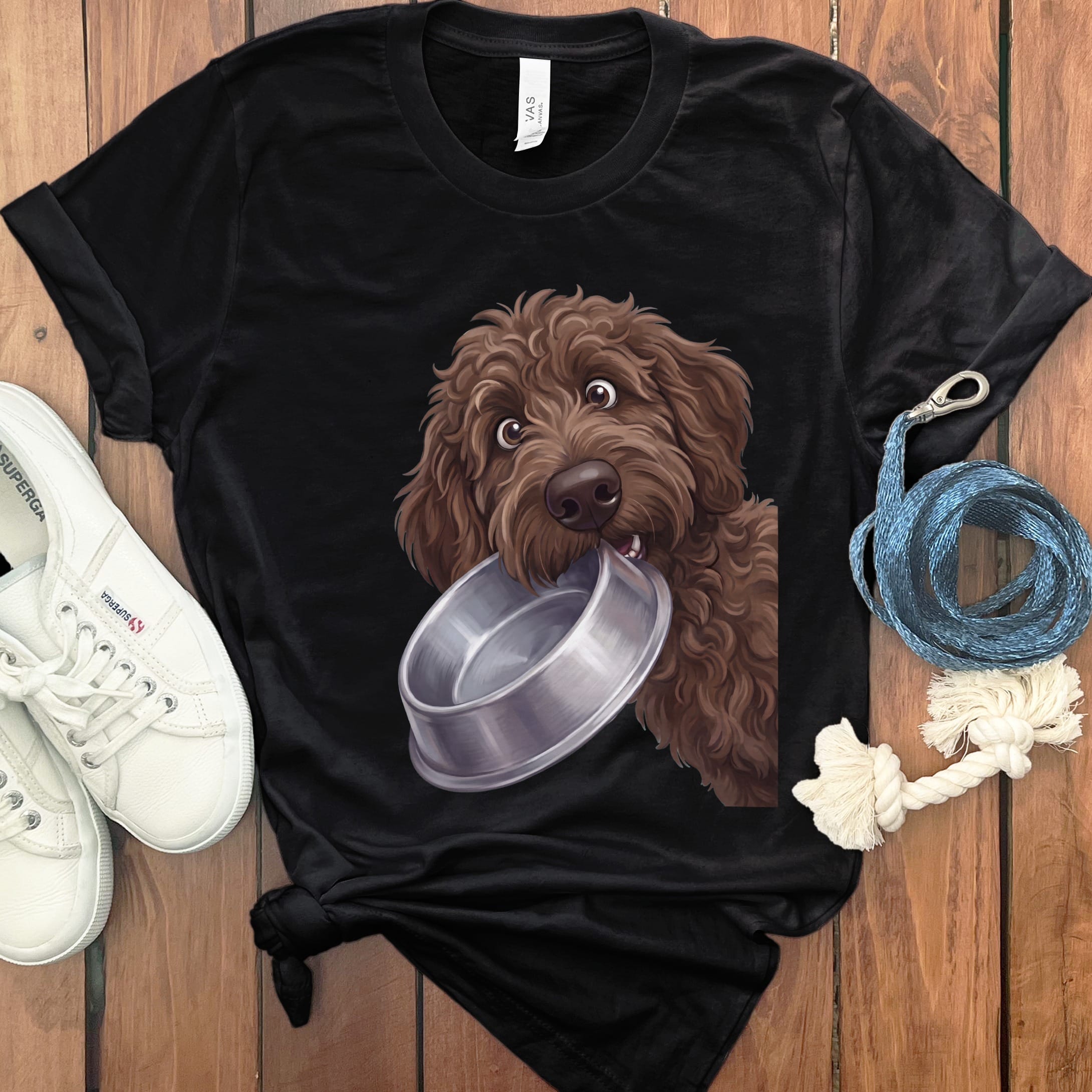 Chocolate Goldendoodle Bowl T-Shirt in Black / S by Puppy Jo