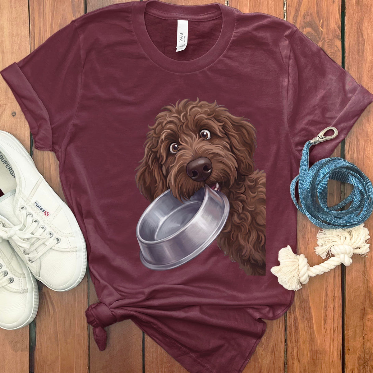 Chocolate Goldendoodle Bowl T-Shirt in Maroon / S by Puppy Jo
