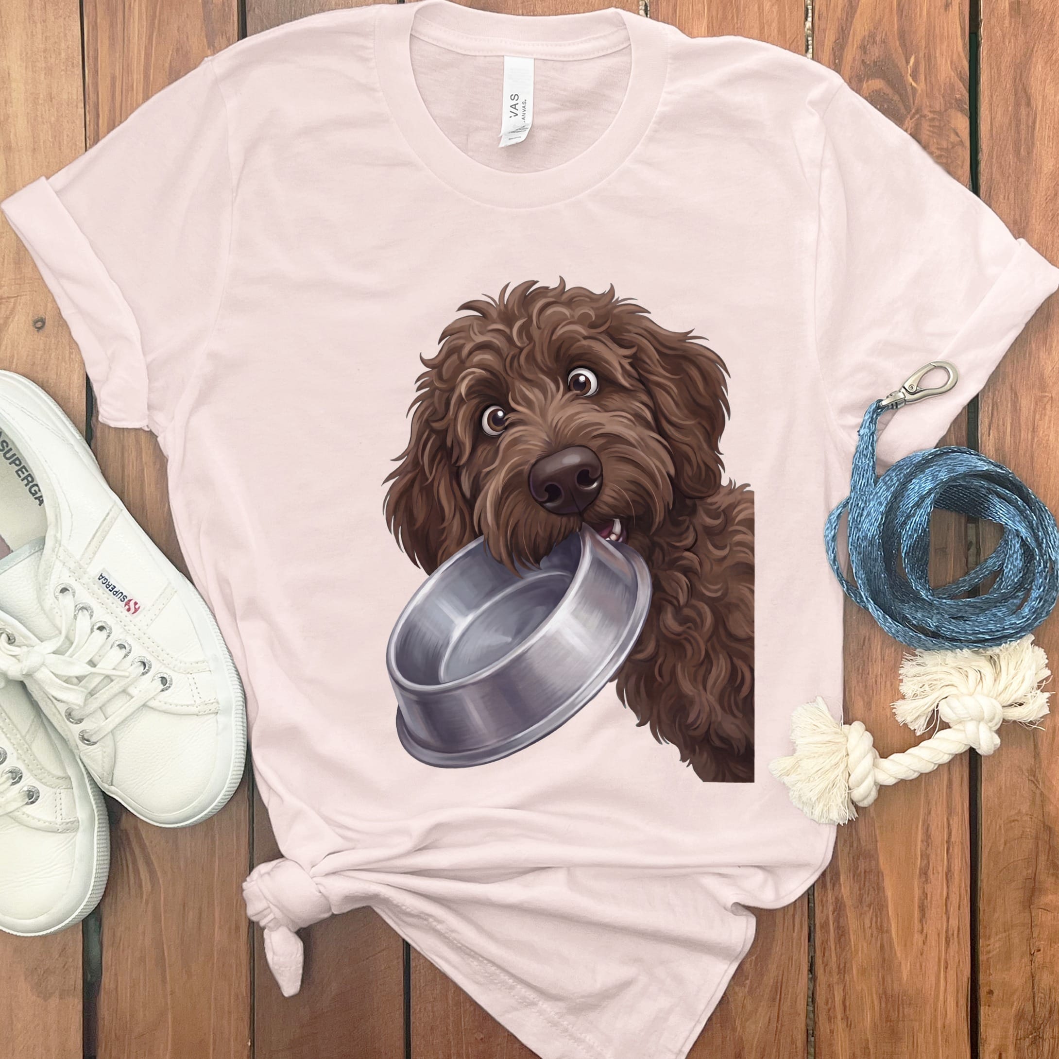 Chocolate Goldendoodle Bowl T-Shirt in Soft Pink / S by Puppy Jo
