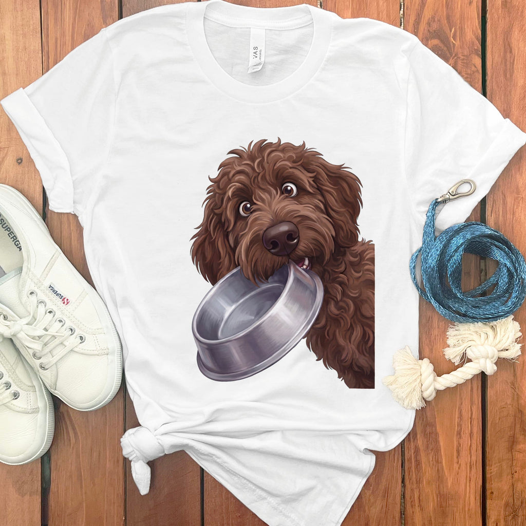 Chocolate Goldendoodle Bowl T-Shirt in White / S by Puppy Jo