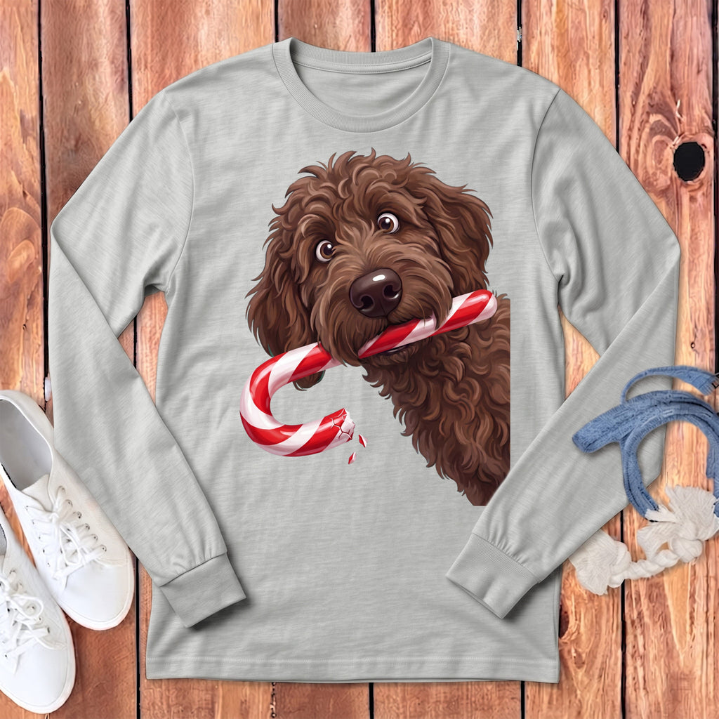 Chocolate Goldendoodle Candy Cane Thief Long Sleeve T-Shirt in Athletic Heather / S by Puppy Jo