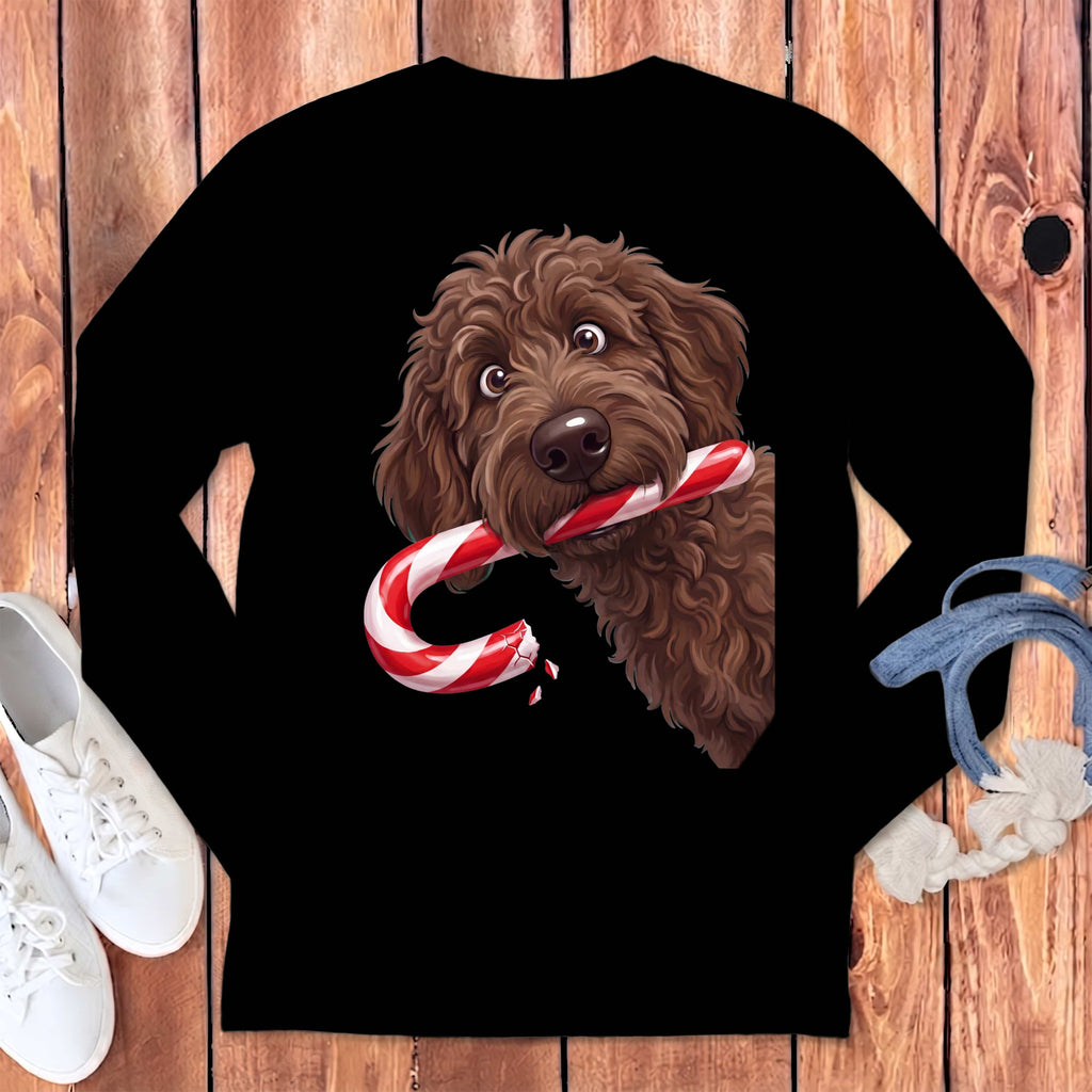 Chocolate Goldendoodle Candy Cane Thief Long Sleeve T-Shirt in Black / S by Puppy Jo