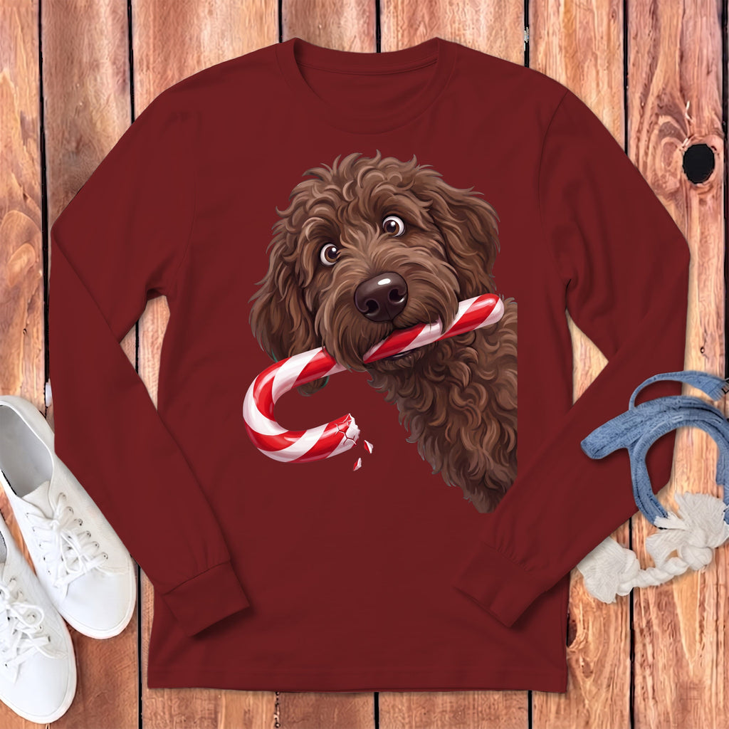 Chocolate Goldendoodle Candy Cane Thief Long Sleeve T-Shirt in Cardinal / S by Puppy Jo