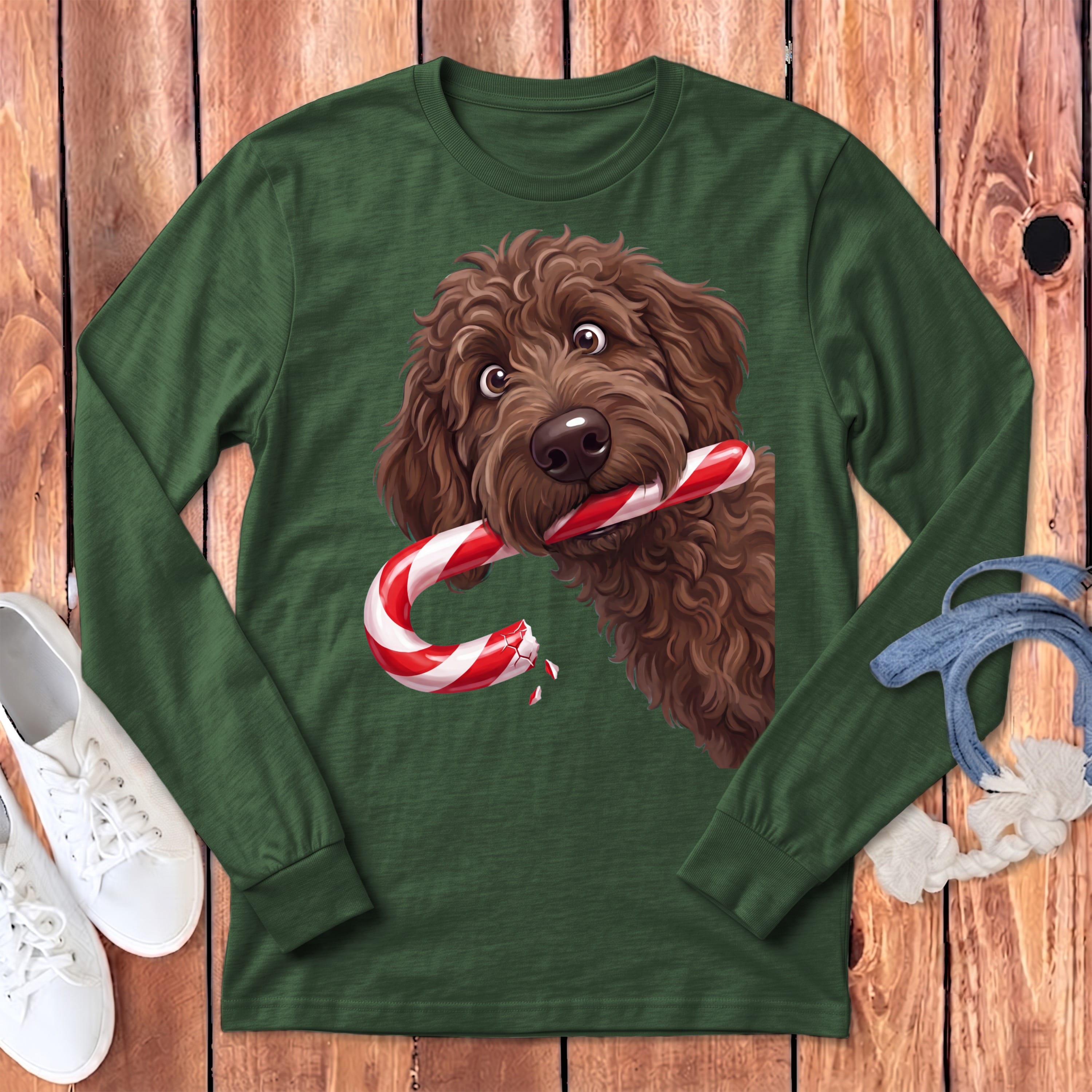 Chocolate Goldendoodle Candy Cane Thief Long Sleeve T-Shirt in Heather Forest / S by Puppy Jo