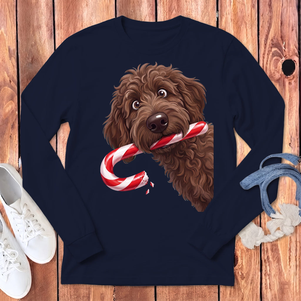 Chocolate Goldendoodle Candy Cane Thief Long Sleeve T-Shirt in Navy / S by Puppy Jo