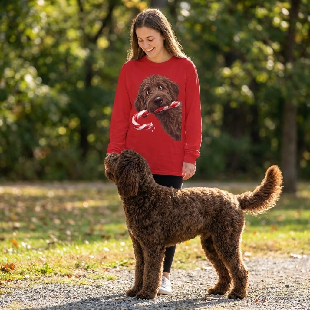 Chocolate Goldendoodle Candy Cane Thief Long Sleeve T-Shirt in by Puppy Jo