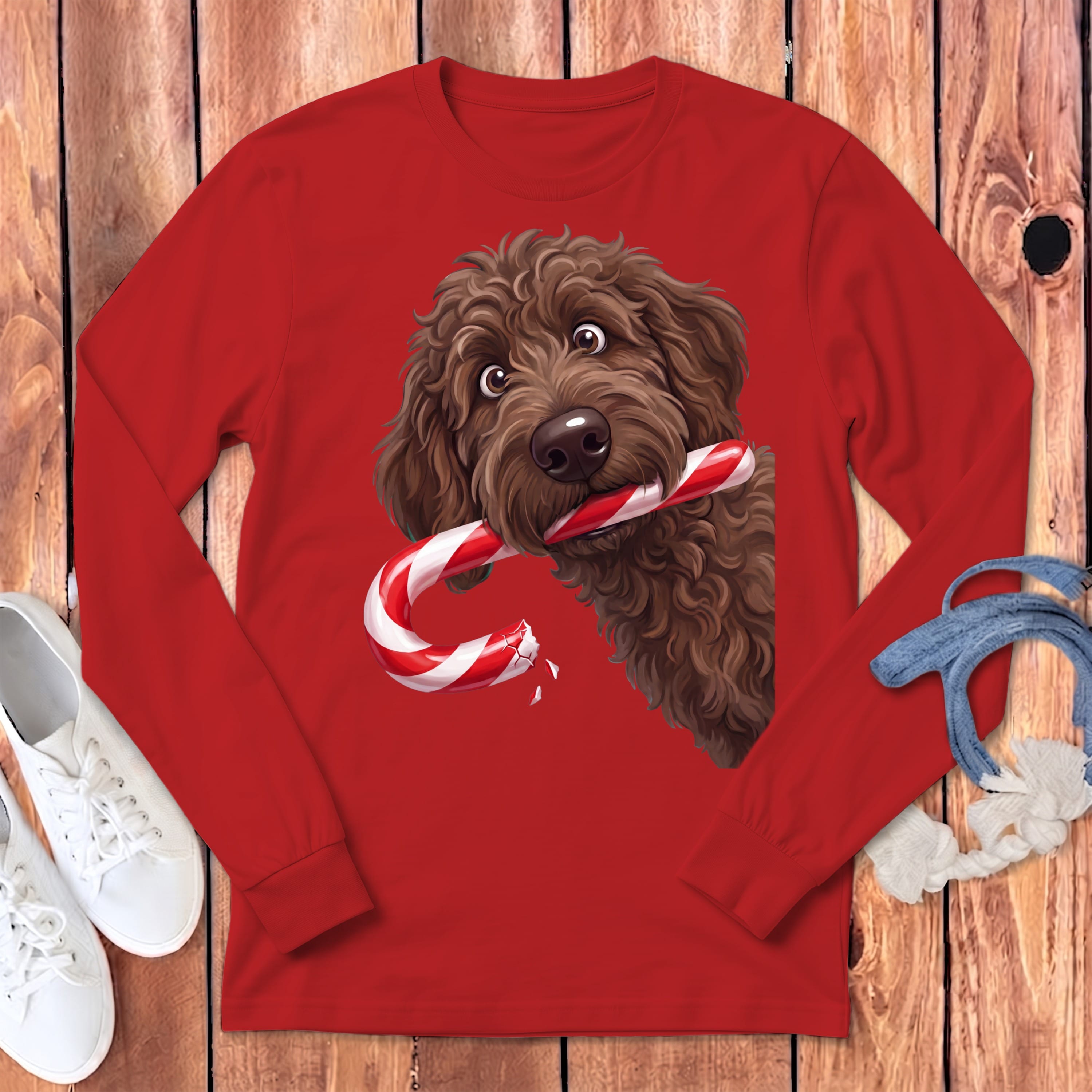 Chocolate Goldendoodle Candy Cane Thief Long Sleeve T-Shirt in Red / S by Puppy Jo