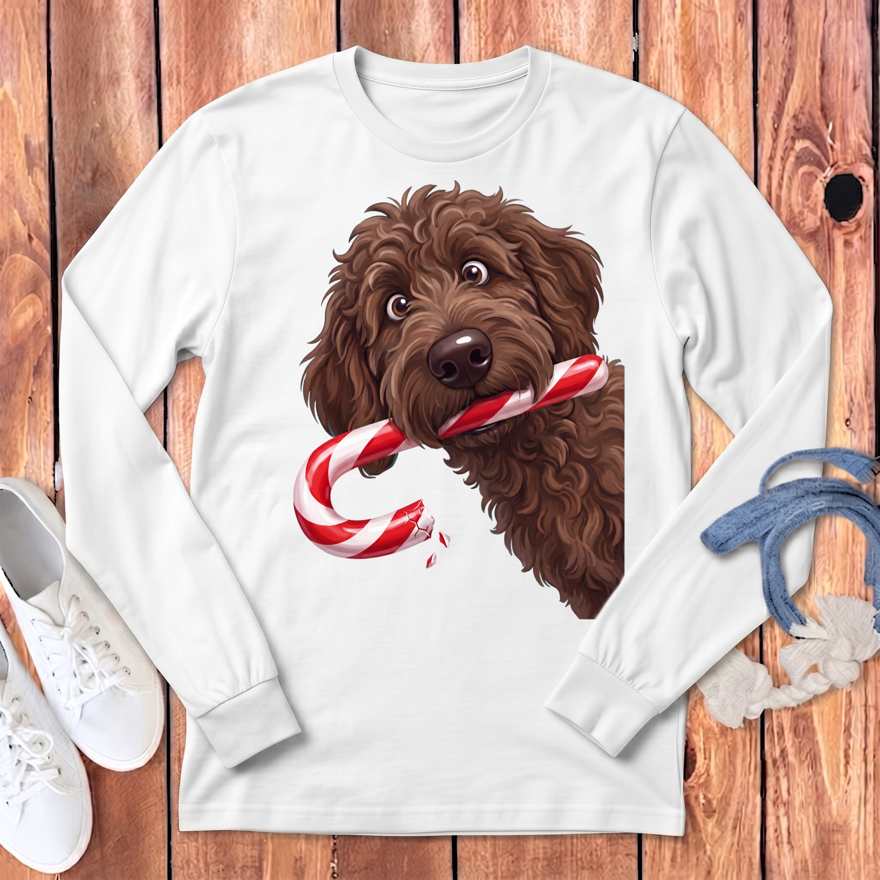 Chocolate Goldendoodle Candy Cane Thief Long Sleeve T-Shirt in White / S by Puppy Jo