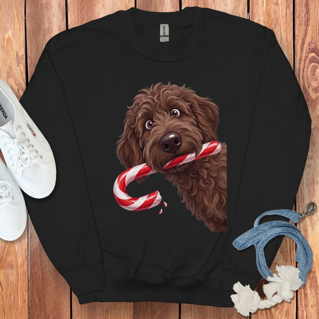 Chocolate Goldendoodle Candy Cane Thief Sweatshirt in Black / S by Puppy Jo