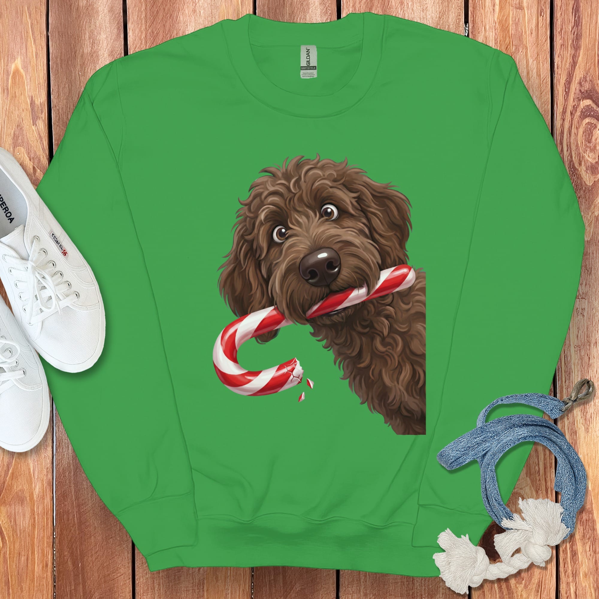 Chocolate Goldendoodle Candy Cane Thief Sweatshirt in Irish Green / S by Puppy Jo