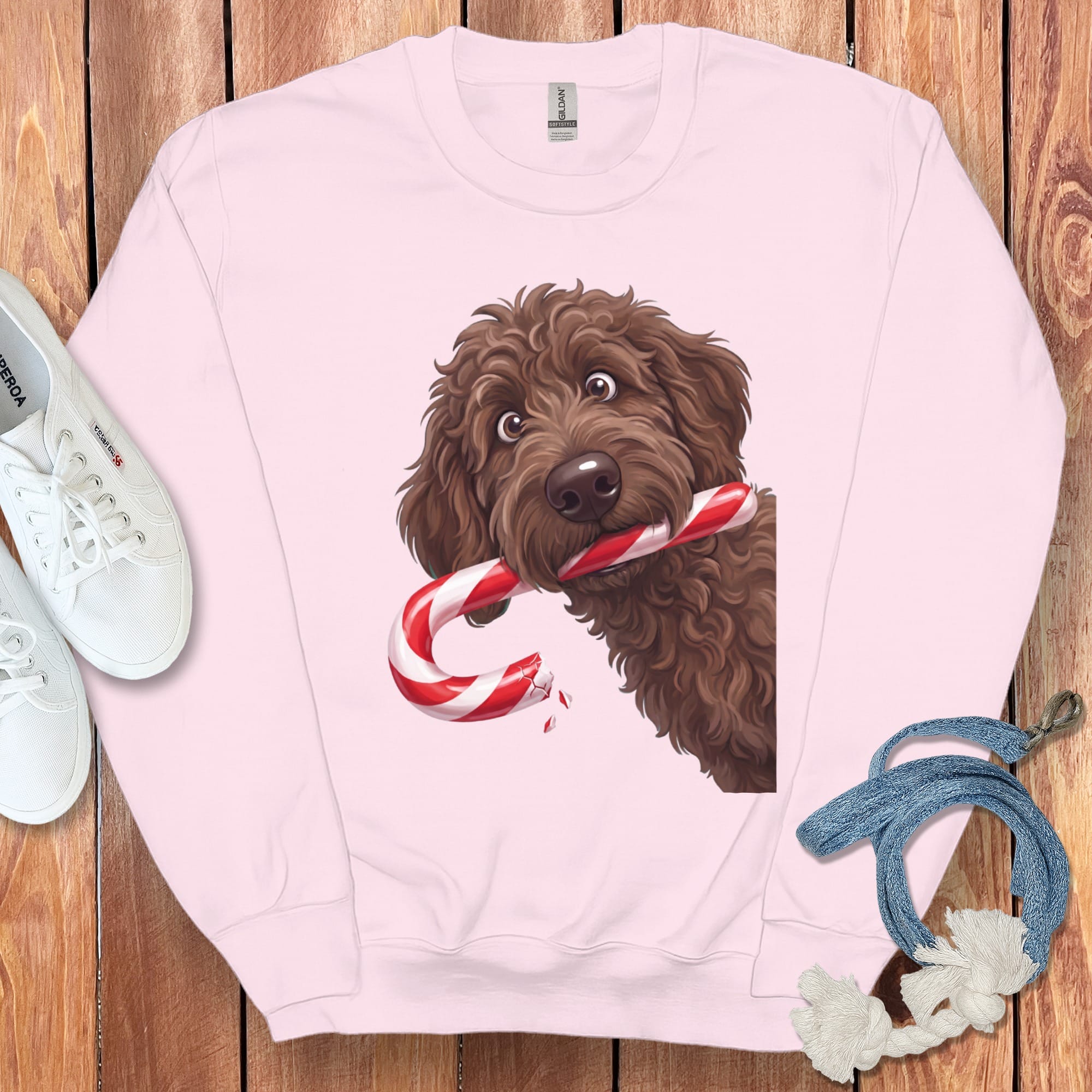 Chocolate Goldendoodle Candy Cane Thief Sweatshirt in Light Pink / S by Puppy Jo
