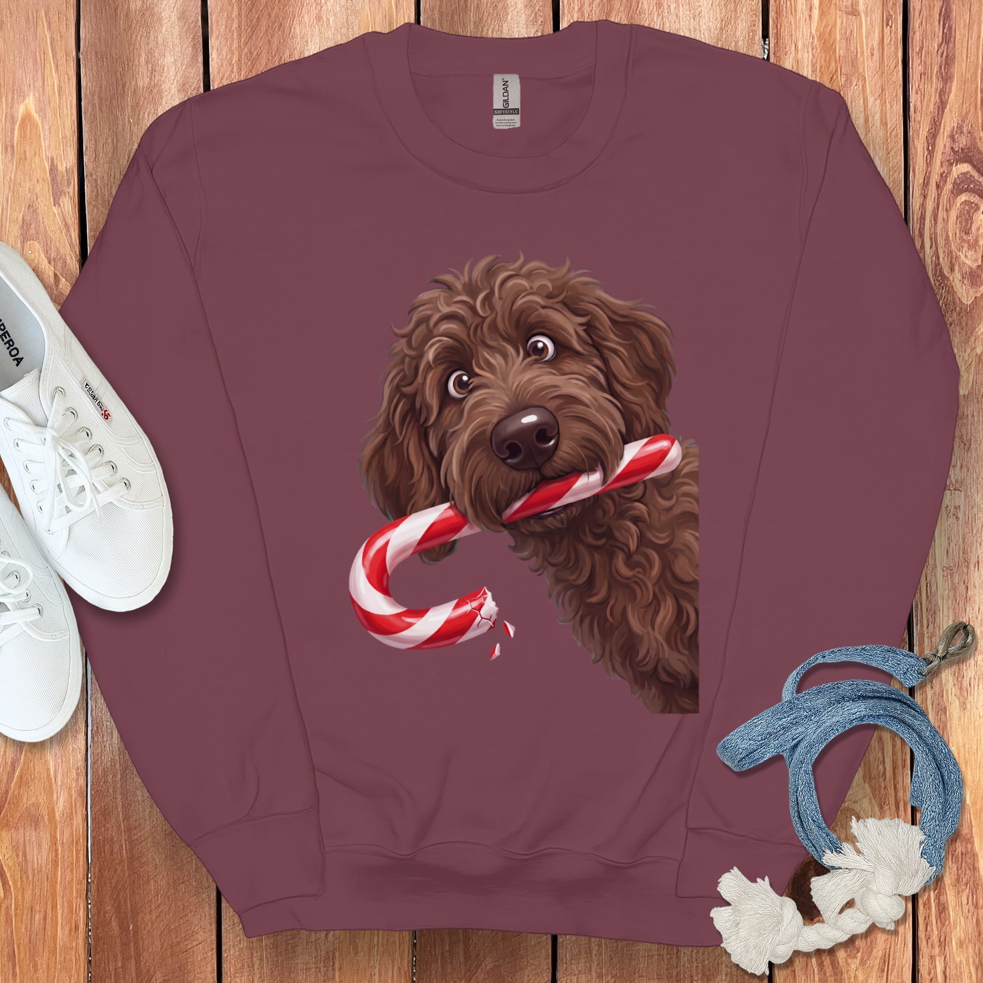 Chocolate Goldendoodle Candy Cane Thief Sweatshirt in Maroon / S by Puppy Jo