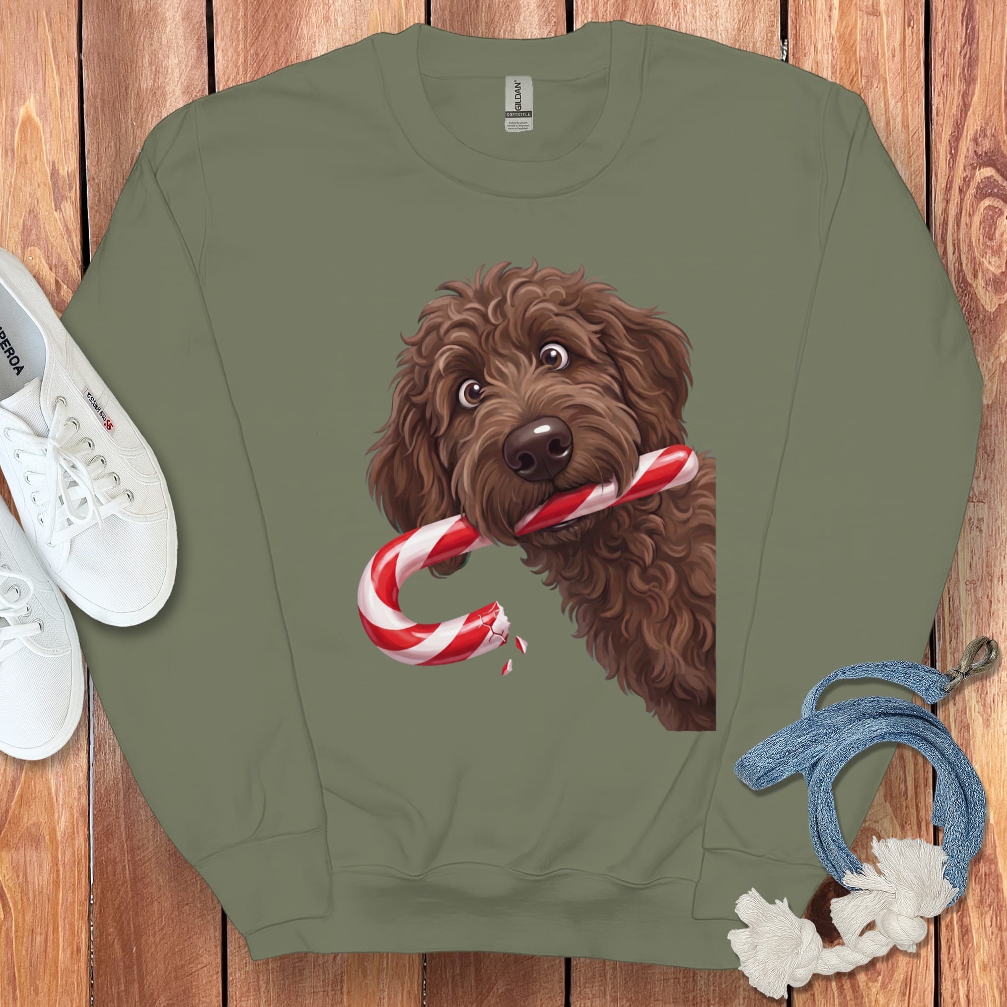 Chocolate Goldendoodle Candy Cane Thief Sweatshirt in Military Green / S by Puppy Jo
