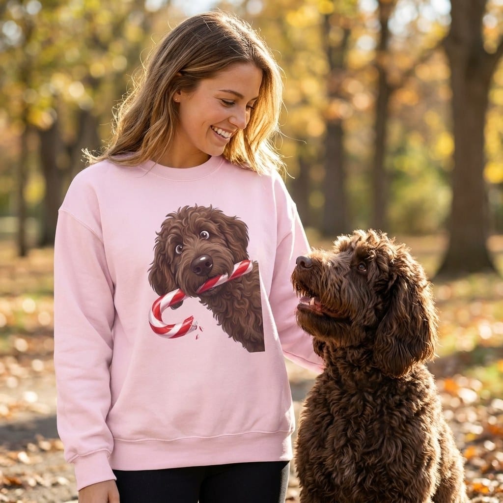 Chocolate Goldendoodle Candy Cane Thief Sweatshirt in by Puppy Jo