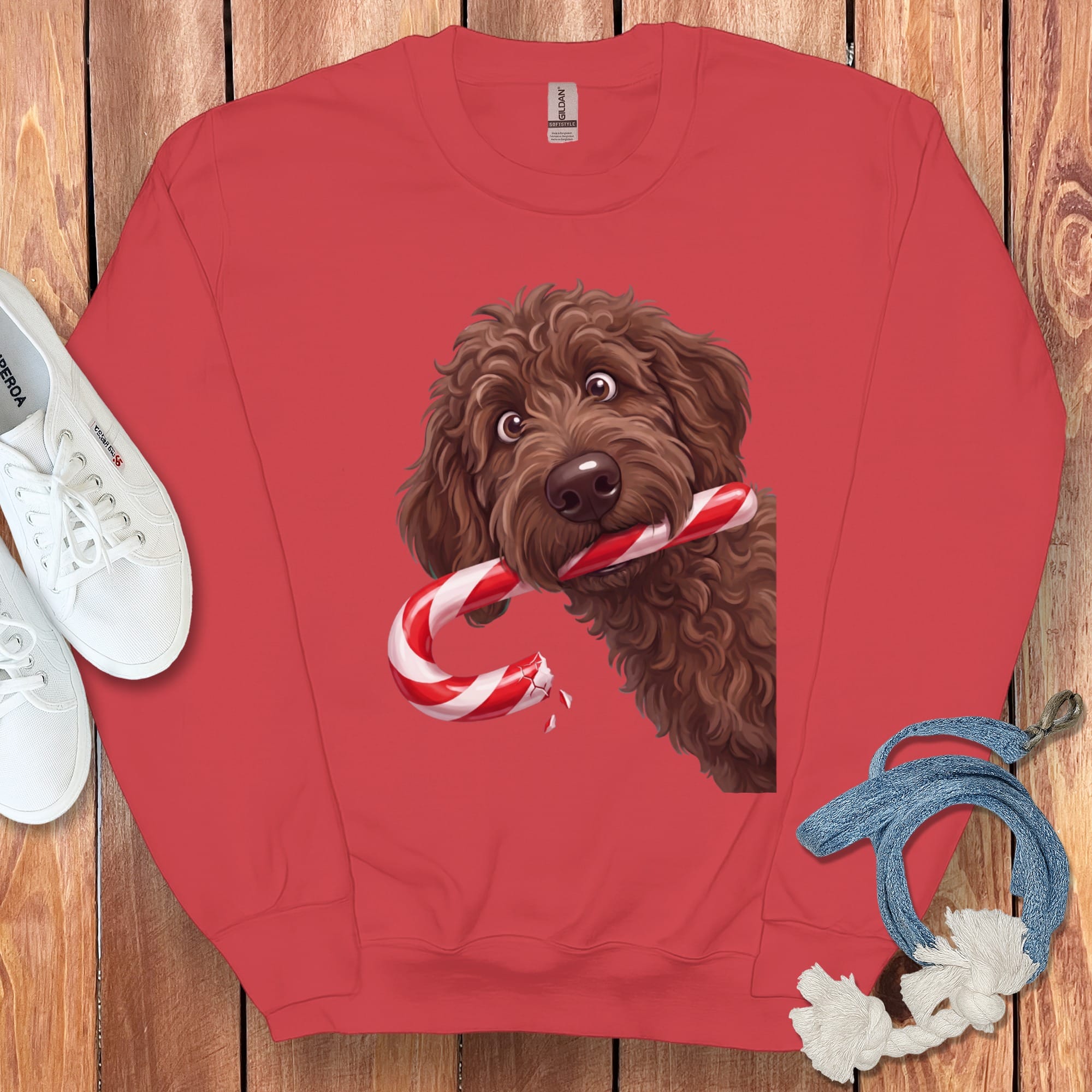 Chocolate Goldendoodle Candy Cane Thief Sweatshirt in Red / S by Puppy Jo