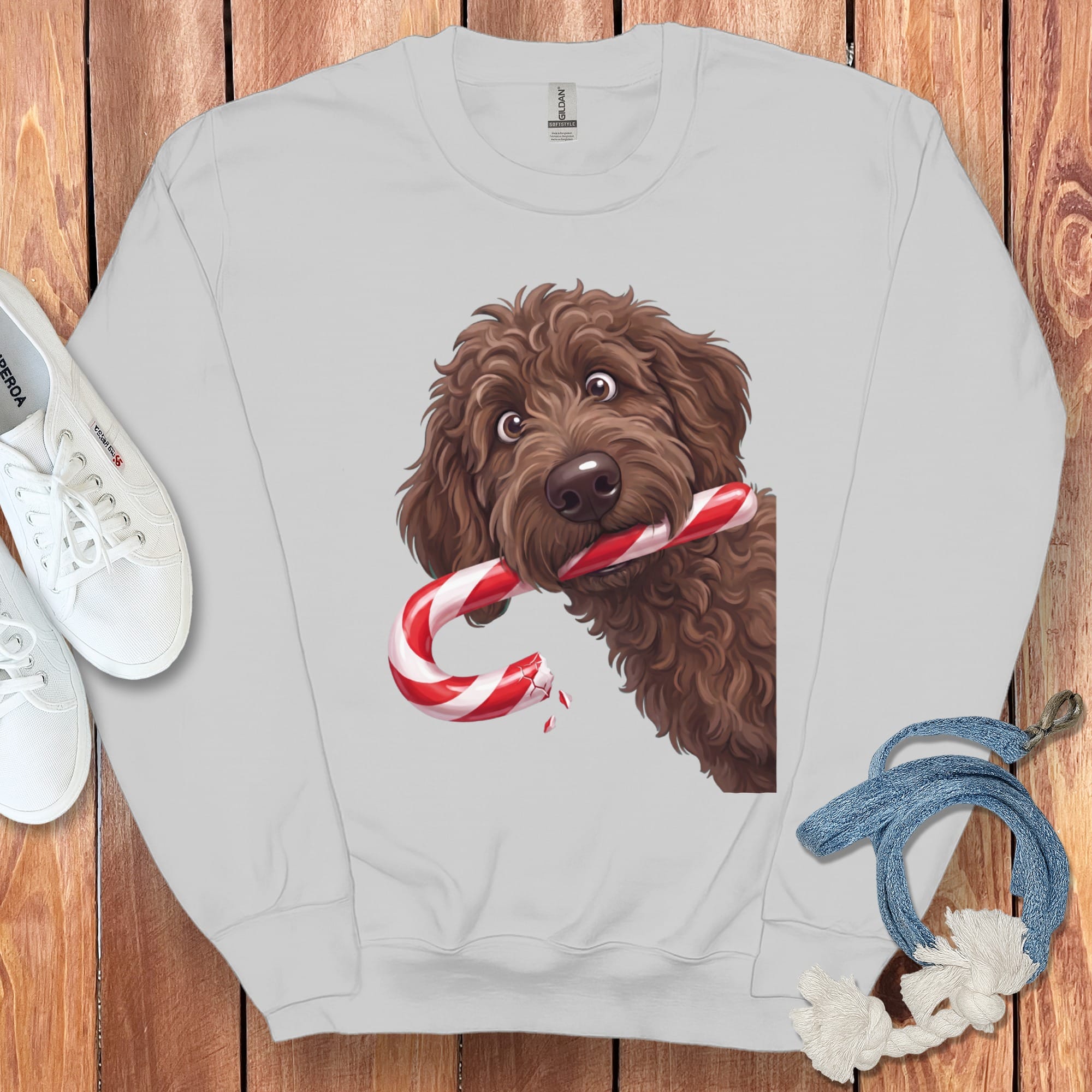 Chocolate Goldendoodle Candy Cane Thief Sweatshirt in Sport Grey / S by Puppy Jo