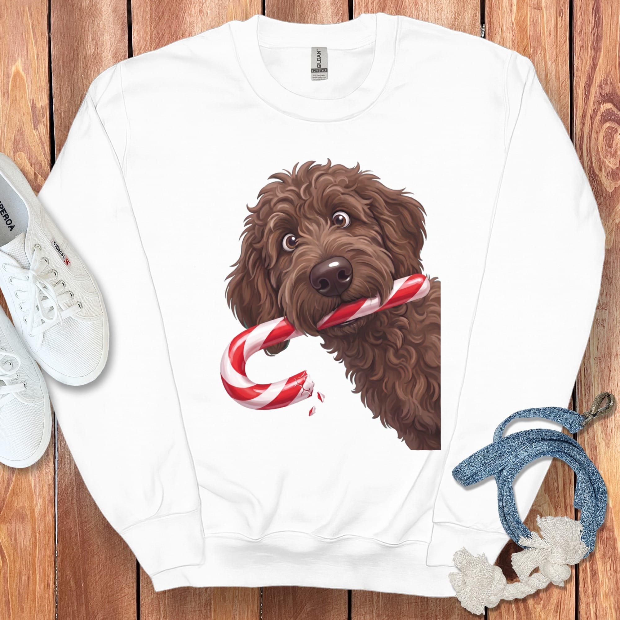 Chocolate Goldendoodle Candy Cane Thief Sweatshirt in White / S by Puppy Jo